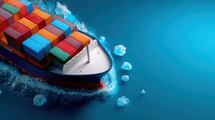 Large cargo ship sailing through icy cold water carrying colorful containers with icebergs floating nearby on a clear blue day