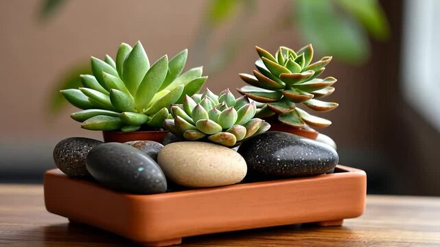 Close up shot of a succulent plants arrangement in a brown pot with decorative stones.  Plants have various shades of green and brown. The arrangement is set on a wooden surface with neutral