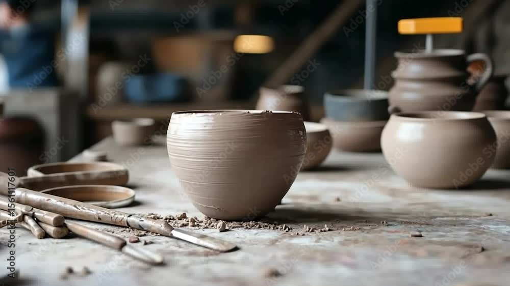 Poster close-up of pottery on a wooden table in a workshop setting with a blurred background featuring a pe