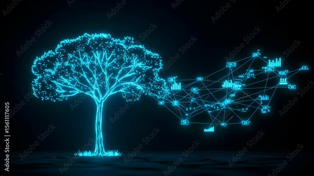 Poster glowing blue digital tree with data connections on a dark background symbolizing growth and technolo