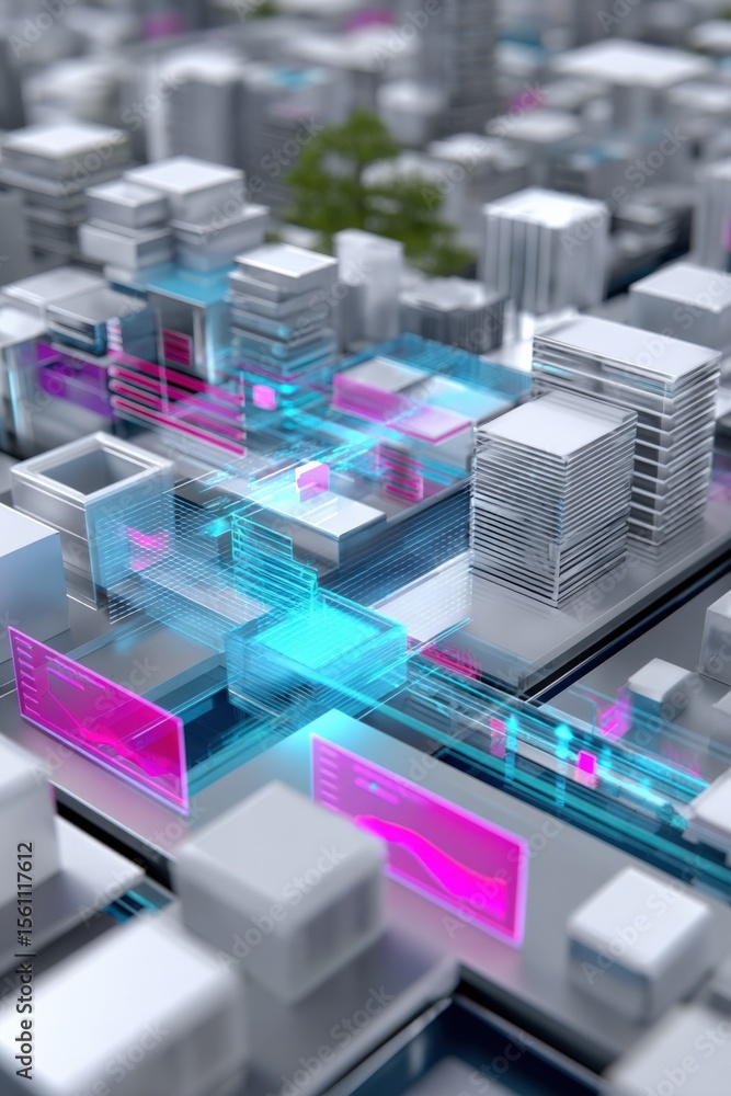 Poster advanced futuristic cityscape with glowing holographic digital interfaces and modern high-rise build
