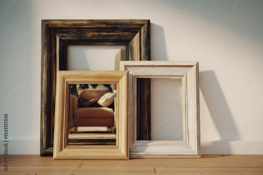 Poster collection of empty decorative wooden frames of various sizes and colors leaning against a wall in a