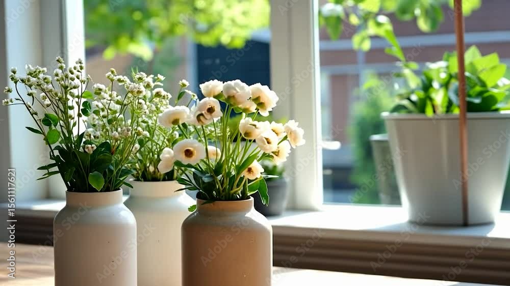 Poster close-up view of various decorative flowers in ceramic vases placed on a wooden table near a window.
