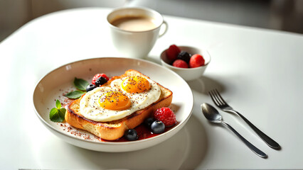 Delicious breakfast plate, colorful vegetables and eggs, coffee cup beside, modern dining setting, perfect for food lovers.