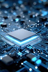 Close-up of a futuristic computer chip on a circuit board with blue glowing effects and electronic components for technology innovation