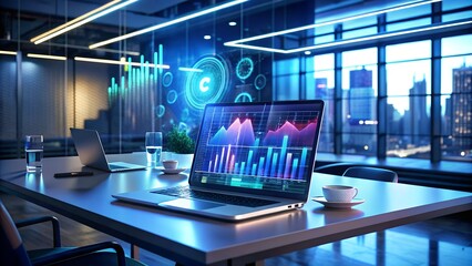 Holographic Business Intelligence Interface with Glowing Graphs and Transparent Screens, High-Tech Laptop Displaying Big Data Dashboard with 3D Graphs, Cyber Technology Concept with AI-Powered