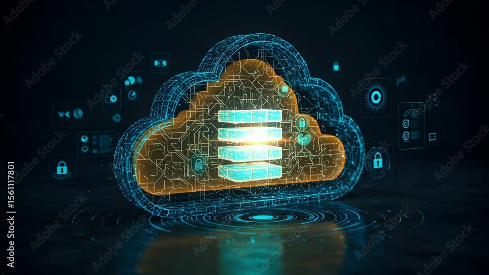 Aufkleber glowing blue digital cloud with three tiered database server and cyber security icons in a modern da