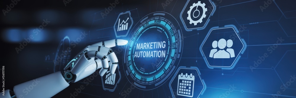 Poster robotic hand interacting with marketing automation interface.
