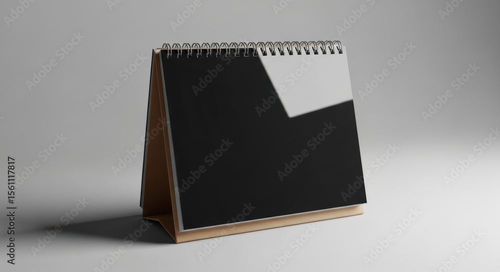 Poster mockup of a minimalist black spiral notebook standing upright on a soft gray surface with reflection