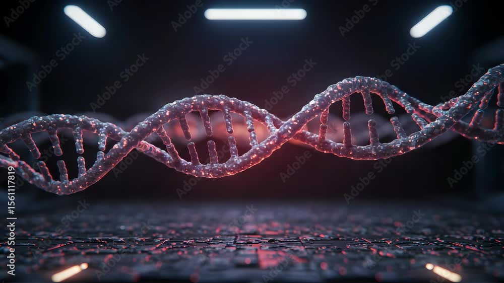 Poster glowing dna double helix on patterned surface with overhead lights in dark backdrop illustrating sci