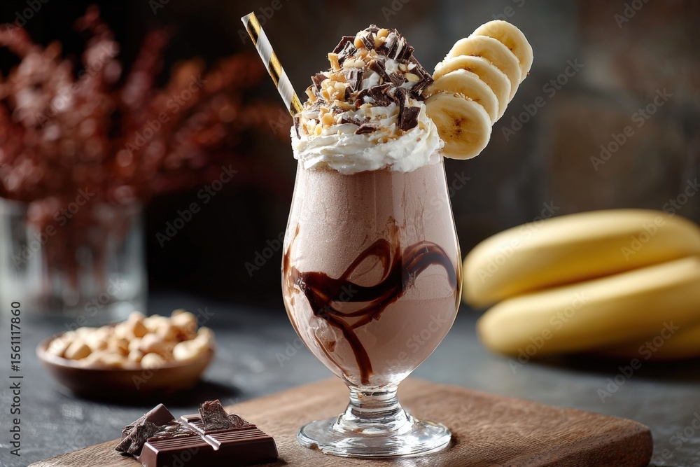 Poster Delicious banana split with ice cream whipped cream chocolate syrup banana slices and toppings served in a glass on a rustic table with bananas in background