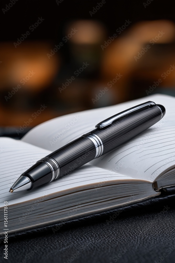 Poster elegant black pen resting on open lined notebook with blurred warm background showcasing writing too