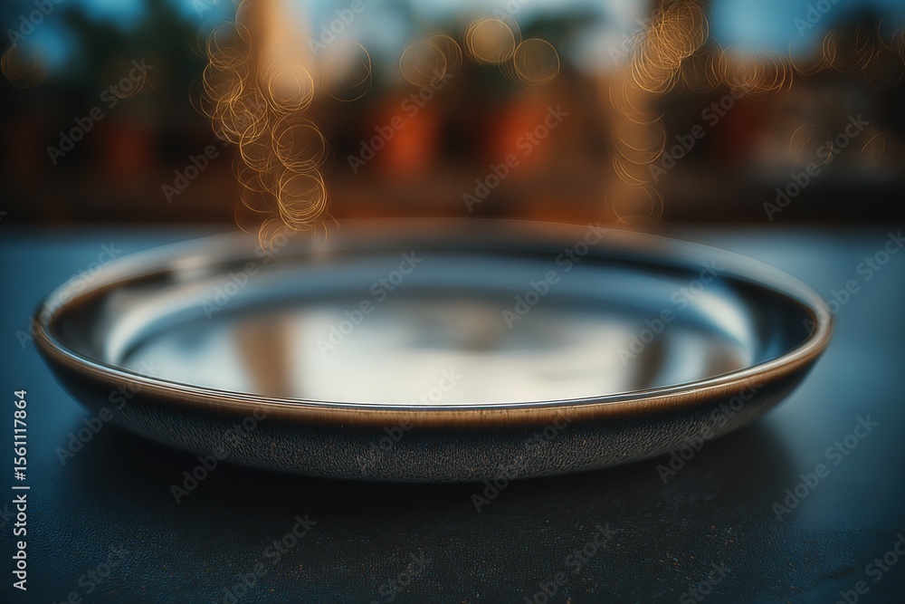 Aufkleber elegant black ceramic plate with reflective surface on a dark table with blurred warm background lig