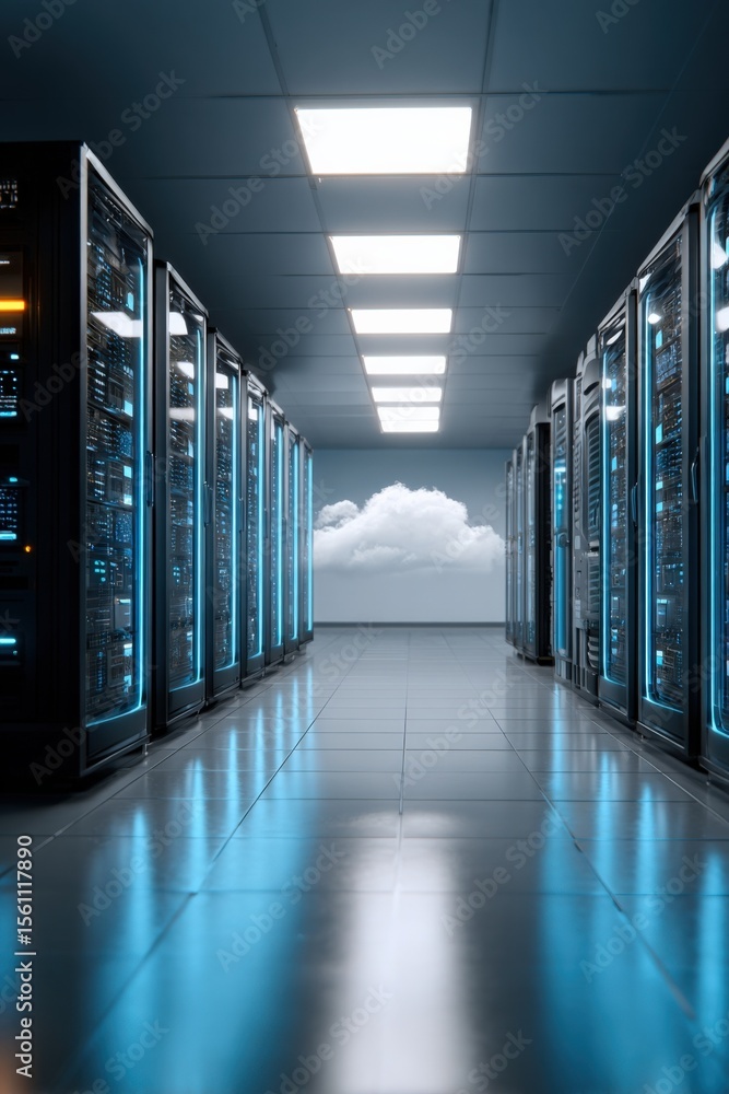 Poster High-Tech Server Room with Modern Data Cabinets and Blue LED Lights in a Data Center Environment with Cloud Computing Concept