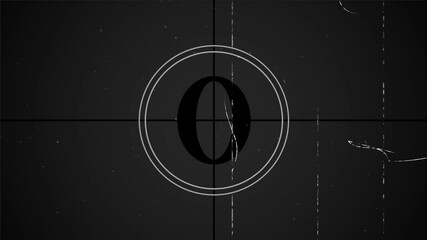 5 seconds vintage film countdown, counting from 5 to 0 seconds, Old film movie timer count in grey retro style. 