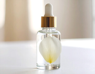 Naklejka premium Luxurious skincare serum with a delicate white petal inside a clear glass bottle, offering a natural beauty treatment.