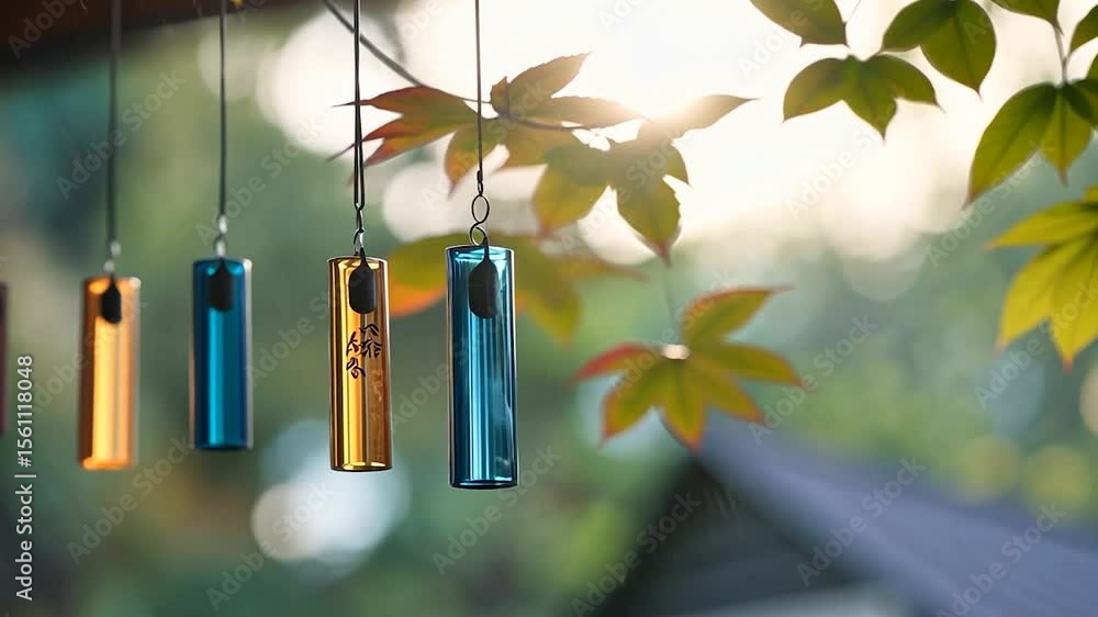 Poster close-up video of colorful rectangular wind chimes hanging beneath vibrant green and red maple leave