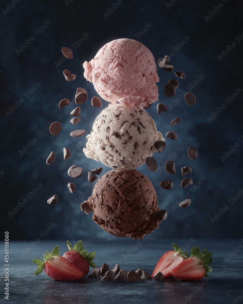 Poster Three colorful scoops of ice cream stacked vertically with scattered chocolate chips and strawberries on dark textured background