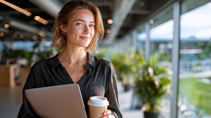 Professional young woman smiling holding coffee cup and digital tablet in modern indoor workspace with large and green plants