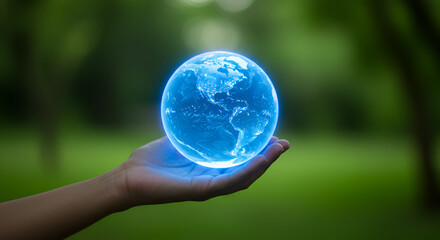 Glowing Earth Globe Held in Hand Against a Green Nature Background concept