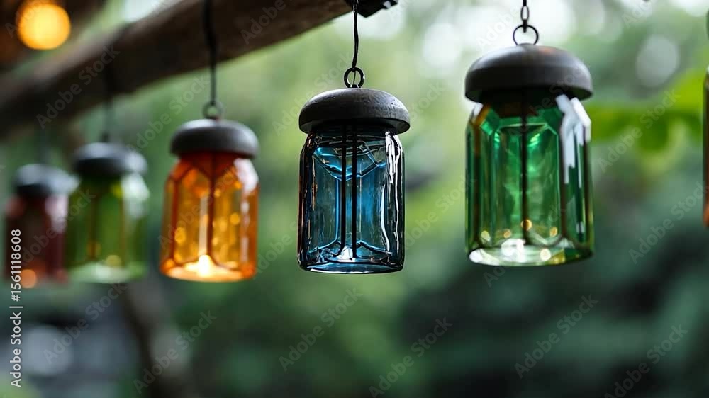 Poster close up shot of colorful glass lanterns hanging from a tree branch. the lanterns are different colo