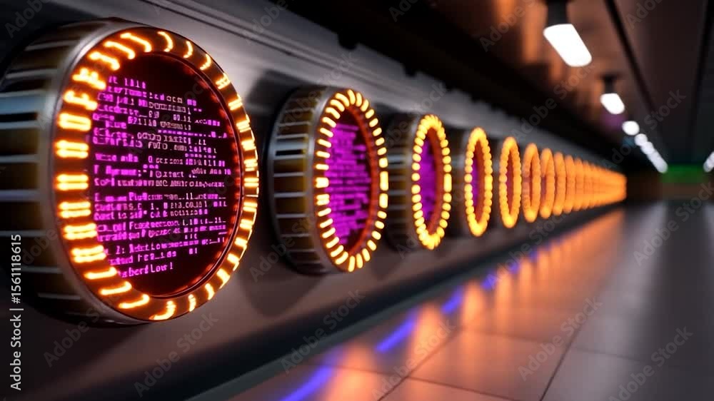 Aufkleber circular glowing screens displaying data lined along a futuristic tunnel with reflections and ambien