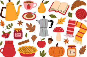A flat lay illustration of autumn themed objects including food, drinks, and seasonal items


