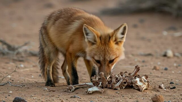 Golden Fox Foraging Bones on Dusty Ground in Arid African Landscape Wildlife Predator
