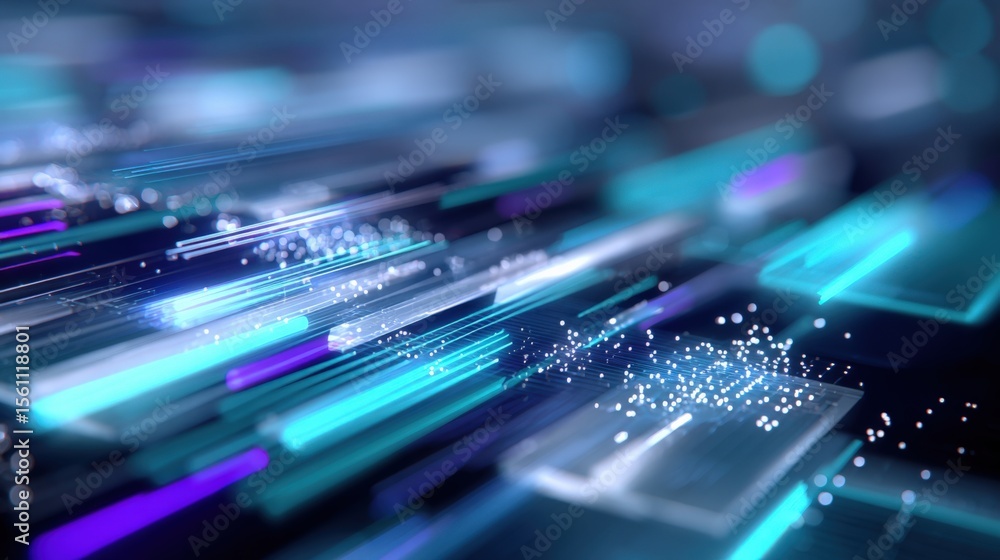 Poster Abstract digital technology concept with futuristic glowing lines and data particles in vibrant blue tones for modern digital innovation background