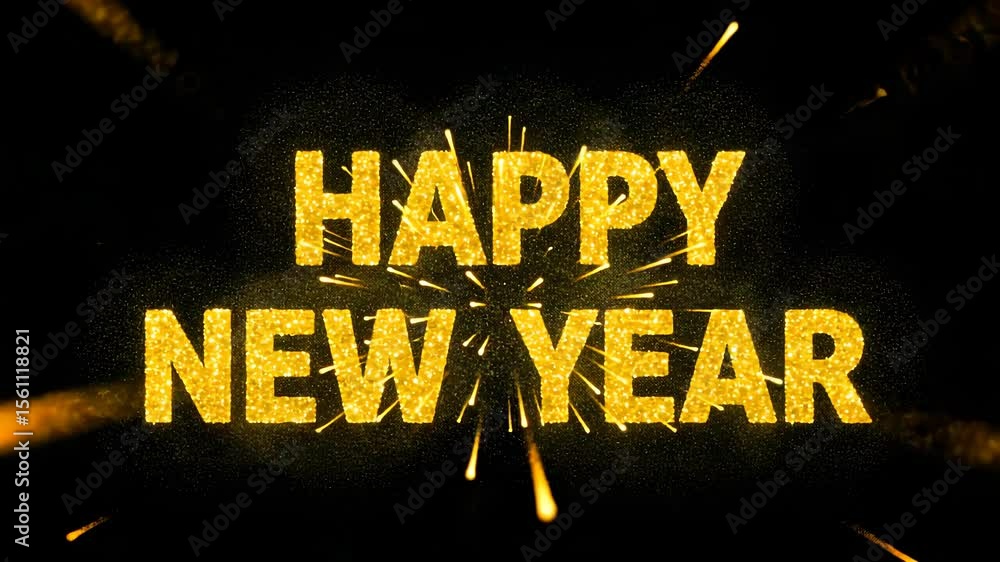 Poster golden happy new year text animation with sparkles light rays on black background