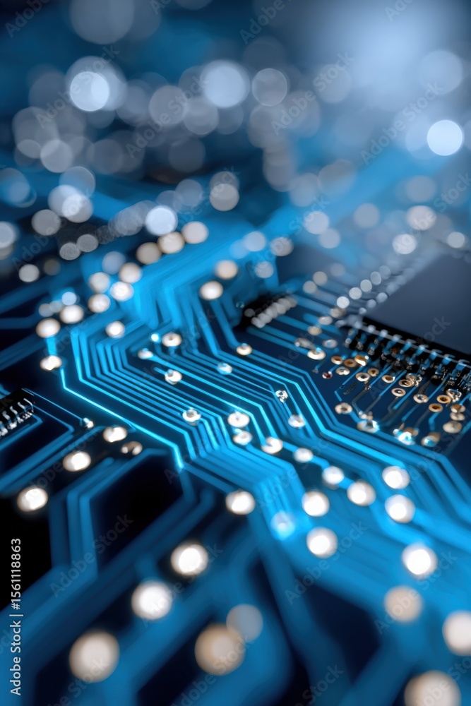 Aufkleber Close-up of a detailed blue printed circuit board with electronic components and glowing bokeh background highlighting technology and innovation