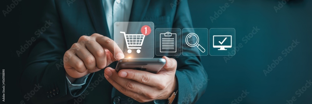 Poster person using a smartphone with e-commerce and business icons displayed.
