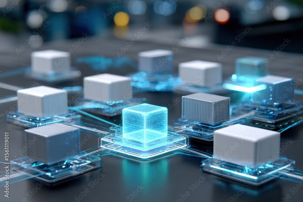 Poster High tech digital blockchain network with interconnected glowing cubes representing secure data transfer and futuristic data infrastructure