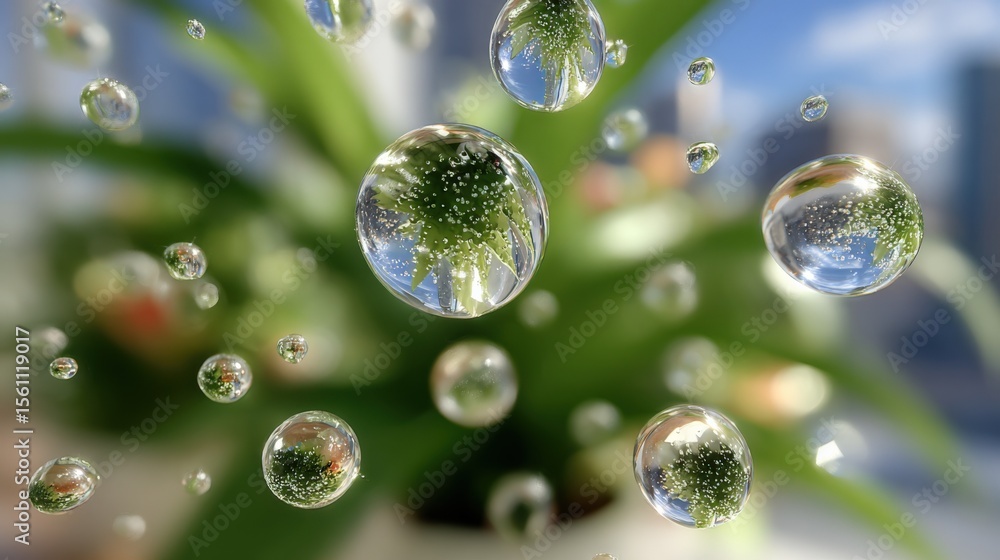 Poster close-up macro photograph of clear rain droplets floating on green plant leaves with sunlight reflec