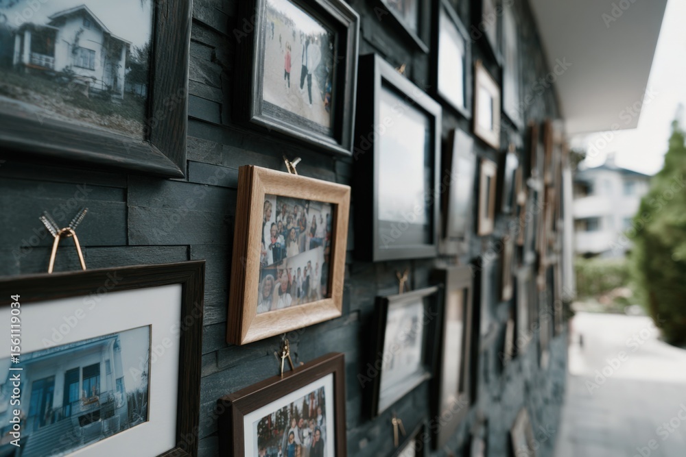 Poster indoor wall decorated with a diverse collection of framed photos and artwork arranged in an artistic