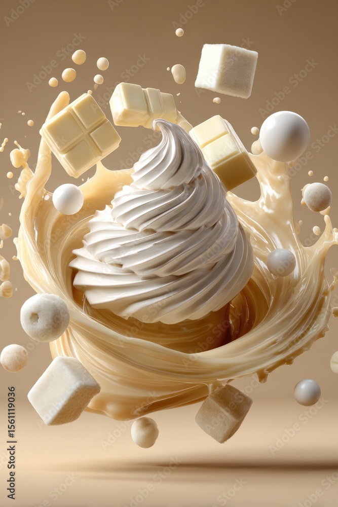 Poster whipped cream swirl with floating chocolate cubes and spherical candies in a dynamic splash with war
