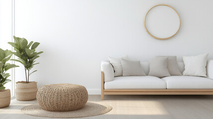 Cozy living space with minimalist design featuring white sofa, decorative pillows, and natural