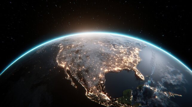 Stunning view of Earth from space showing North America illuminated at night with detailed landmasses and city lights buing from the surface