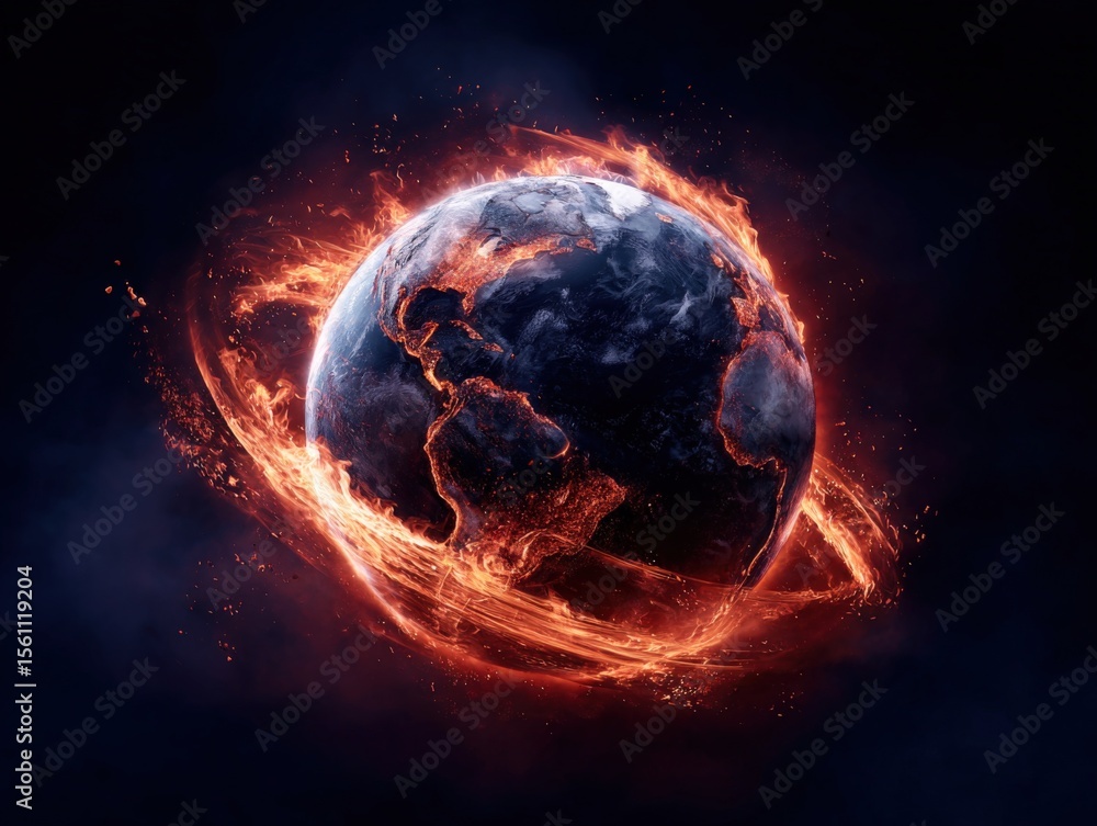 Poster Earth surrounded by fiery glowing of flames in space with dark background representing global environment or climate change concept
