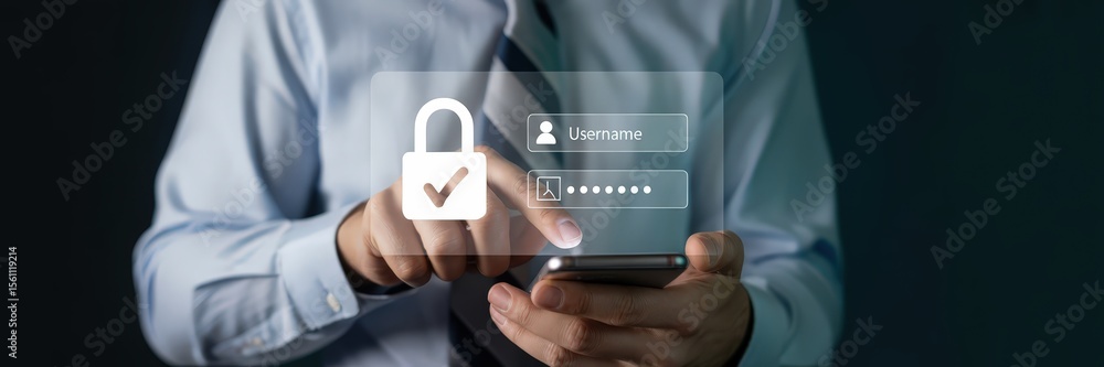 Aufkleber close-up of a person entering a username and password on a smartphone.