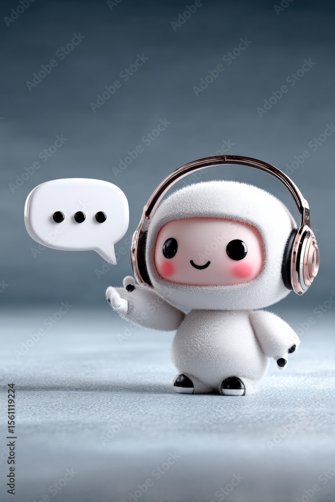 Poster Cute White Robot Character Wea Headphones Standing on Surface with Speech Bubble in Studio Light Visual Style for Technology Concepts and Future Automation Themes