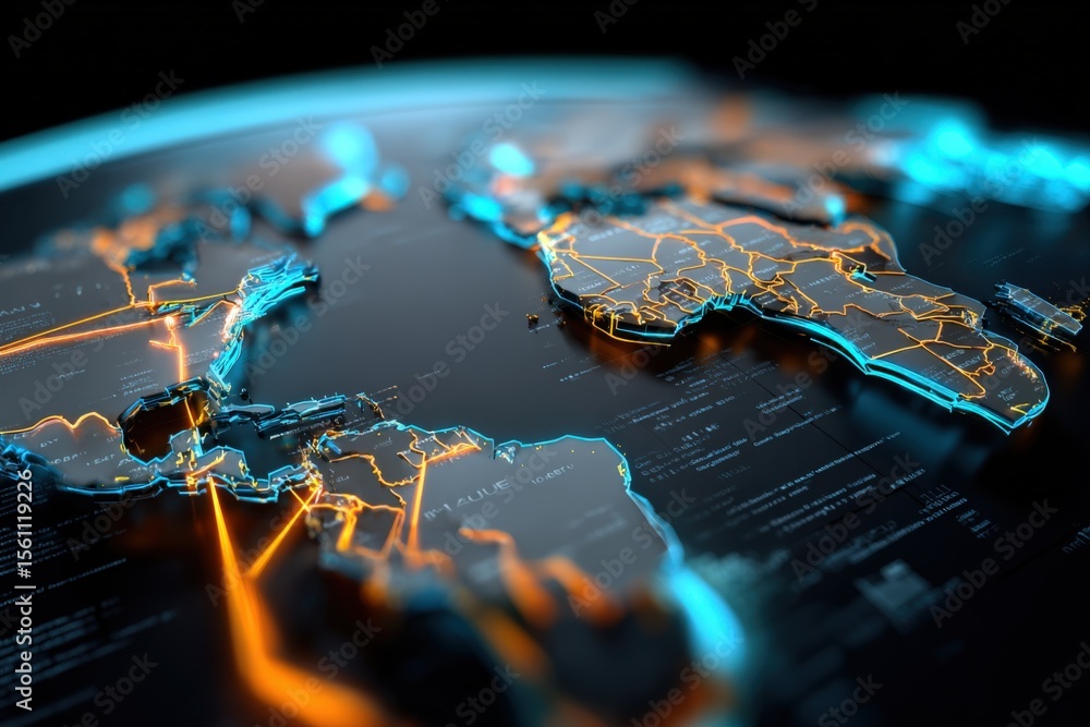 Poster Highly Detailed Digital World Map with Glowing Borders and Connecting Network Lines Representing Global Connectivity and Technology