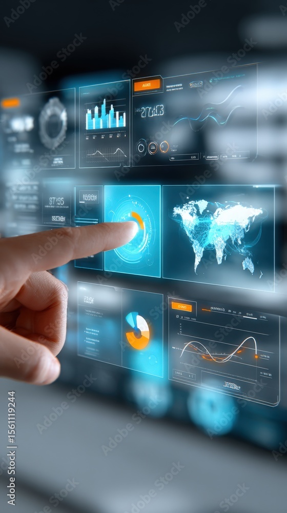 Poster Modern futuristic digital interface with holographic data charts world map and analytics screens for technology and data visualization