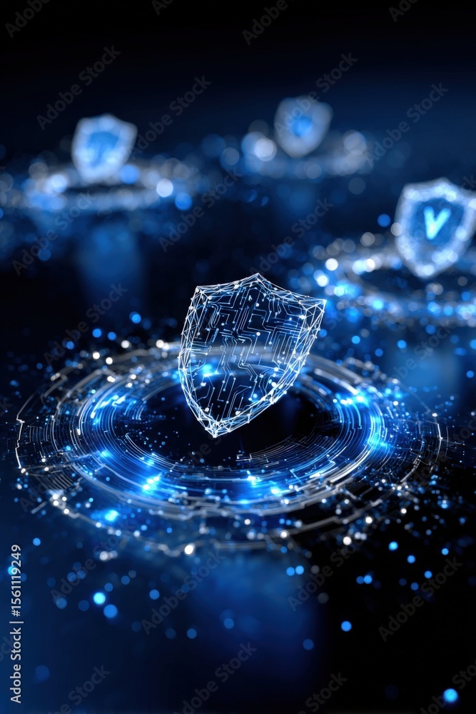 Poster Advanced digital security shield icons representing cybersecurity and data protection technology with glowing holographic effects on dark background