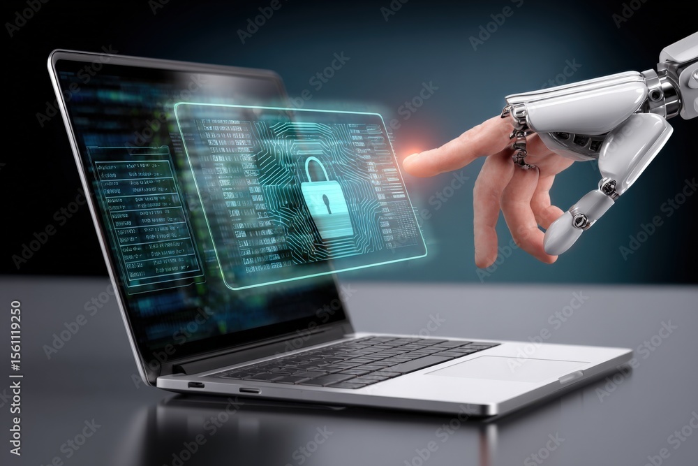 Aufkleber Futuristic robotic hand interacting with transparent digital security interface on laptop screen in high-tech cybersecurity environment