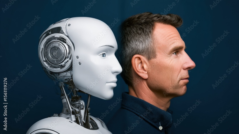 Poster close-up of human man with short gray hair and robot with white face and mechanical features standin