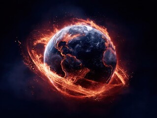 Obraz premium Earth surrounded by fiery glowing of flames in space with dark background representing global environment or climate change concept