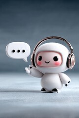 Obraz premium Cute White Robot Character Wea Headphones Standing on Surface with Speech Bubble in Studio Light Visual Style for Technology Concepts and Future Automation Themes