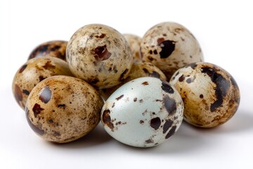 Obraz premium A pile of eight speckled quail eggs predominantly tan and brown with one unique bluetoned egg set against a plain white background