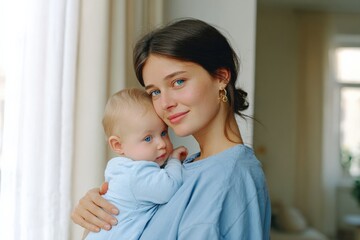 Young mother with dark hair and fair skin holding her adorable baby girl with blonde hair and blue eyes in a cozy home interior